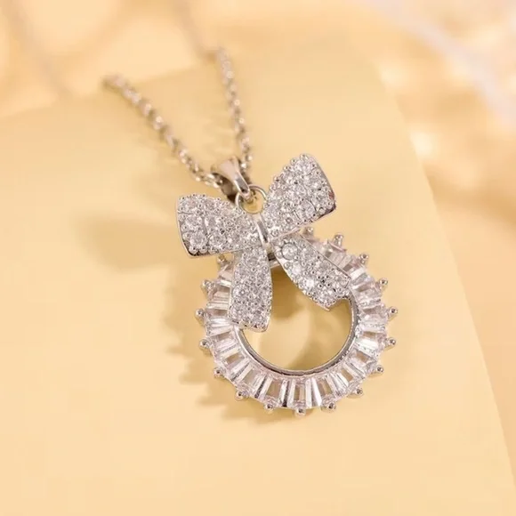 Silver Bow Crystal Pendant Necklace - Picture 1 of 5